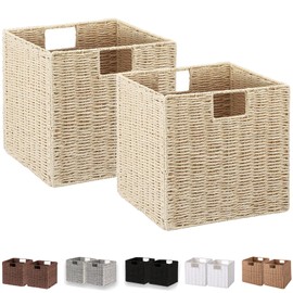 Vagusicc Wicker Storage Baskets, Set of 2 Hand-Woven Paper Rope Storage Baskets, Foldable Cube Storage Bins Organizer 11 Inch Square Wicker Storage Baskets for Shelves Pantry Organizing Decor, Beige