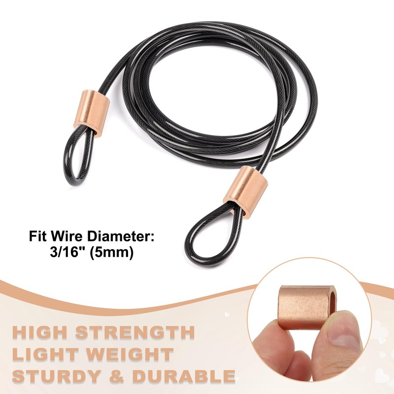 sourcing map 3/16"(5mm) Wire Rope Stop Sleeve, Copper Crimping Loops