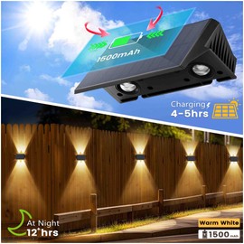 IIRARA Solar Fence Lights, 12-Pack Fence Lights Solar Powered Warm White, Up & Down Solar Wall Lights Outdoor, Waterproof Solar Lights 120 Lumens Bright Dusk to Dawn for Yard/Pool/Porch/Patio/Railing