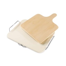 Leifheit Large Square Ceramic Pizza Stone with Carrying Tray and Wooden Spatula, Gray