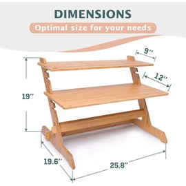Adjustable Standing Desk Riser 100% Natural Bamboo Desk Converter Monitor Stand - No Screws, Sets up in Under 1 Minutes - for Home or Office Use (19" High 26" Wide