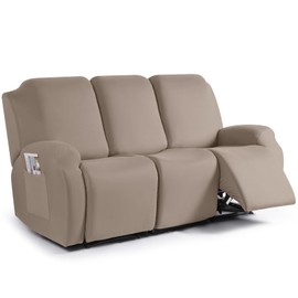 TAOCOCO Recliner Sofa Slipcover, 3 Pieces Polyester Fabric Stretch Sofa Covers for 3 Seat Reclining Couch, Soft Washable Furniture Protector with Pockets (3 Seat, Khaki)