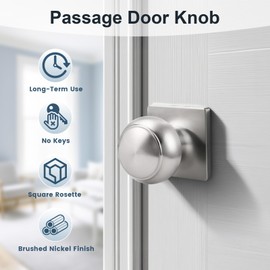 KNOBWELL Brushed Nickel Closet Door Knob with Square Rosette, Interior Passage Door Knobs for Hallway, Keyless Non-Locking Indoor Door Knobset, 6 Pack