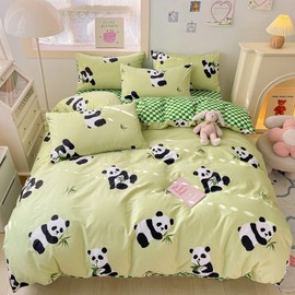 BlueBlue Panda Kids Duvet Cover Set Twin 100% Cotton Bedding for Boys Girls Teens Cartoon Chinese Panda Bamboo Pattern on Green 1 Cute Animal Comforter Cover 2 Pillowcases, Twin