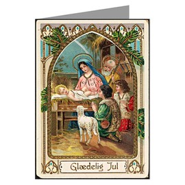 Single 5x7 Vintage Holiday Greeting Card Of Baby Jesus In A Manger With Glædelig jul In Danish Merry Christmas Featuring Mary and The Shepards