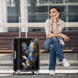 THISFIND Elegant Butterfly Luggage Cover for 28-30 Inch Suitcase – Blue and Gold Artistic Insect Design Travel Protector – Washable Stretch Suitcase Cover for Stylish Travelers,L