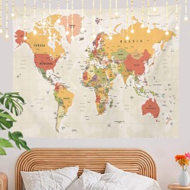 Shrahala World Map Tapestry Wall Hanging for Kids Student, Vintage Colorful Map Usa Geography Africa Europe Educational Tapestry for School Classroom Dorm Room Bedroom 59.1"L x 82.7"W,Red Yellow Beige