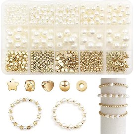 Bmeigo 720pcs Spacer Beads Bracelet Making Kit, Loose Imitation Pearls Acrylic Beads Round Flat Gold for Decorations Necklace Jewelry Crafts Gift DIY