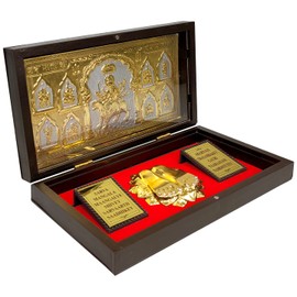 ARNAVIRA Maa Durga Jai Ambe Gold Plated Photo Frame with Charan Paduka Pocket Temple for Diwali Gift,House Warming Gifts Return Gift Puja Box (Jai Ambe, Plastic)