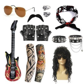 BIBARAJM 10 Pcs Rocker Costume Men's Wigs Black Curls Disco Costume Men's Party Costume Men with Wigs Sunglasses Beards Sleeves Gloves Headscarves for 70s 80s 90s