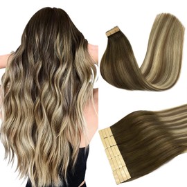 DOORES Tape in Hair Extensions Human Hair, Walnut Brown to Ash Brown and Bleach Blonde 12 Inch 40g 20pcs, Hair Extensions Tape in Hair Remy Straight Hair Extensions