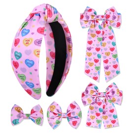 HZEYN 5 Pack Valentines Headband Hair Bows for Women Girls Candy Heart Headband Conversation Heart Hair Bows for Girls