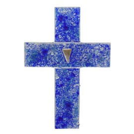 kruzifix24 Kunsthandwerk Glaskreuz Wandkreuz Schmuckkreuz blau Fusingglas Dreieck Blattgold 12 x 8,5 cm Glaskunst Unikat Taufkreuz Kinderkreuz