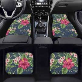 BENXINYA Floral Plant Car Mats Set of 4 Hawaiian Tropical Flowers Red Hibiscus Plumeria Green Leaves Floor Mats for Cars Non Slip Front Rear Vehicle Rugs Universal Auto Accessories for Trucks Sedans