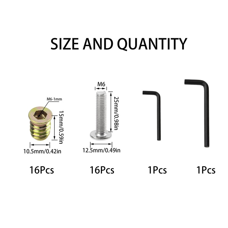 Rrina 16 Sets M6x25 Furniture Screw Nut Threaded Wood Inserts