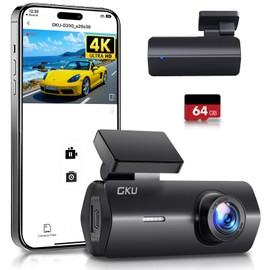 GKU 4K Dash Cam Car, Dash Cam for the Front, Dash Cam Car with Integrated WiFi, 24H Parking Monitoring, Night Vision, WDR, 170° Wide Angle, Loop Recording, G-sensor, Includes 64GB SD Card, Supports