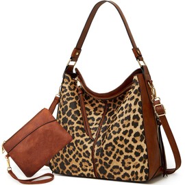 Large Capacity Hobo Tote Bag for Women, Soft PU Leather Crossbody Shoulder Handbag, Purse and Wallet Set - Leopard