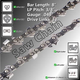 (2 Pack) 8 Inch Chainsaw Chain, 3/8" LP Pitch .043" Gauge 33 Drive Links (R33), 8" Replacement Chain for Ryobi, Greenworks, Worx, Makita, Meelwaukii & More