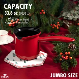 Hakan Enamel Turkish Coffee Pot 33.8 Oz, 1000 cc Jumbo Greek Arabic Coffee Maker with Spout, Stove Top Coffee Maker, Milk Warmer with Handle, Chai Pot Cezve, Ibrik, Briki, Red