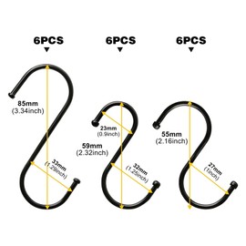 GOTRUST Black s-Hooks Hanging Hooks, 18Pcs Stainless Steel S-Shaped Hooks, Metal Butchers Hooks for Hanging, S Hanger Hooks for Kitchen, Bathroom, Bedroom and Office (3 Size)