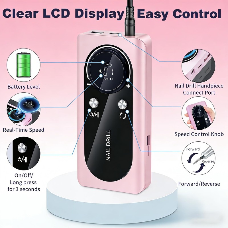 Electric Nail Drill Professional: 45000RPM Rechargeable Nail File with Bits