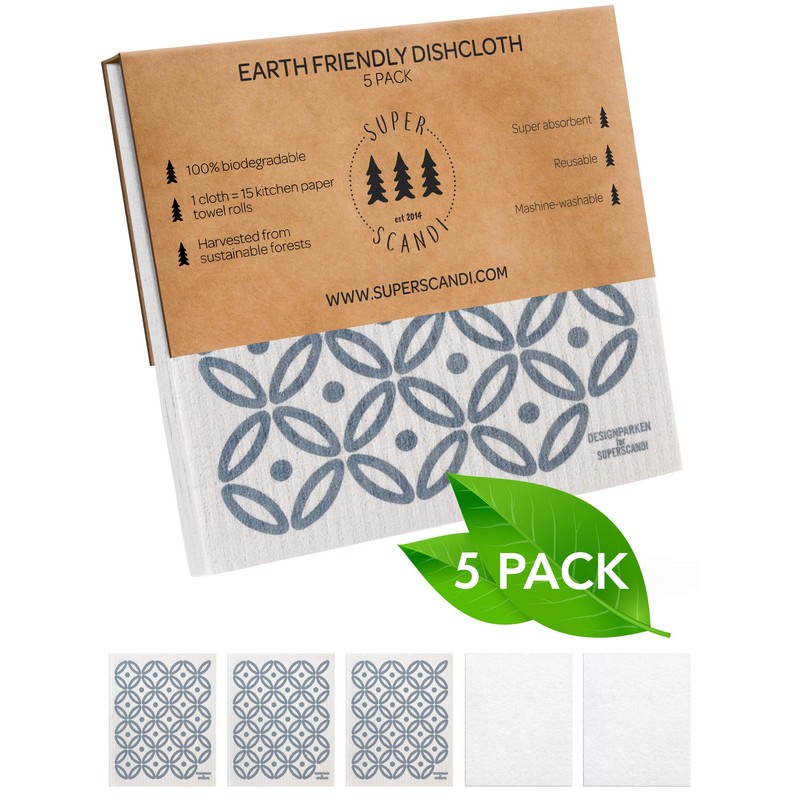 SUPERSCANDI 5 Pack Swedish Dishcloths for Kitchen - 100% Biodegradable