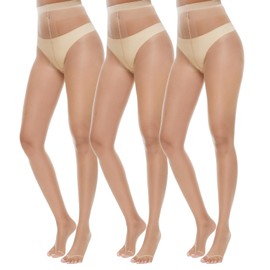 MANZI 3 Pairs Toeless Pantyhose Tights for Women Ultra Thin 10D Toe Open Control Top Pantyhose（3 Nude，S