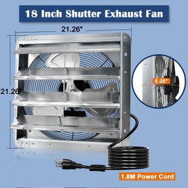 Hiorucet 18 Inch Shutter Exhaust Fan with 1.8m Power Cord, 2500CFM High Speed Low Noise Aluminum Louvered Exhaust Fan Wall Mounted for Greenhouse, Garage, Shop, Attics, Chicken Coop Ventilation Fan.