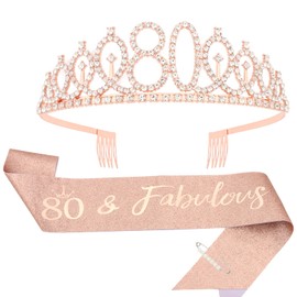 Oblihumoy Birthday Sash for Women, 80th Birthday Decorations 80th Tiara for Women, Rose Gold Party Sash Tiara Set