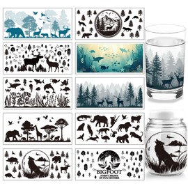 arricraft 10 Sheets Animal Silhouettes UV DTF Cup Wrap, Deer Woof Ocean Fishes Rub on Decals Forest Bird Waterproof PVC Transfer Stickers for DIY 16OZ Glass Cups