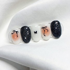 [Handmade Nail Tips] Midnight Peach Nail Tips - Coffin Egg / [수제네일팁] 미드나잇피치 네일팁 - 코핀에그