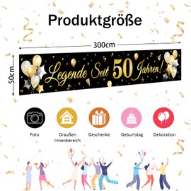50th Birthday Banner, Legend for 50 Years Glitter Banner, Decoration 50th Birthday Long Banner for Men and Women 50th Birthday Party Party, 300 x 50 cm (Gold)