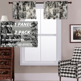 Black and White Farmhouse Kitchen Valances for Windows,Toile Country Decor Print Sheer Rustic Theme Pattern Design Rod Pocket Cream Cotton Valance Curtains for Living Room Bathroom Set,18 Inch Length