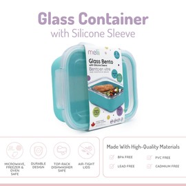 melii Glass Bento Box with Silicone Sleeve, Resistant Borosilicate, Airtight & Leakproof Locking Lid, Oven, Microwave, Freezer & Dishwasher safe, 25oz, Blue