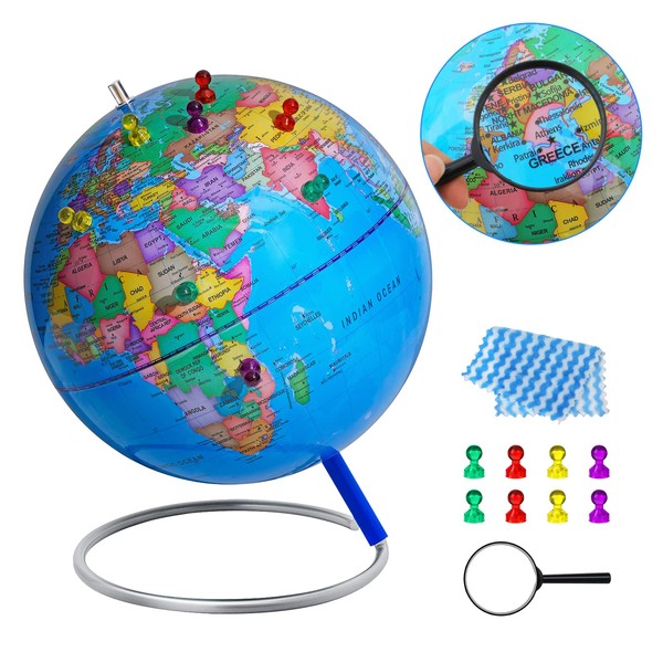 𝟗" 𝐖𝐨𝐫𝐥𝐝 𝐆𝐥𝐨𝐛𝐞 for kids & adult, Classroom & Office Desk, Small Educational Globe with iron Stand for Kids Learning, HD colorful World Map, Magnetic Push Pins & magnifier & handkerchief, 360° Horizontal Rotation Homeschool World Globe Blue