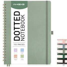 AHGXG Bullet Dotted Journal Spiral Notebook 8.5" x 11", Large A4 Leather Hardcover Dotted Notebook, 100 GSM Thick Dot Grid Paper, Inner Pocket, for Bullet Journaling, Sage Green
