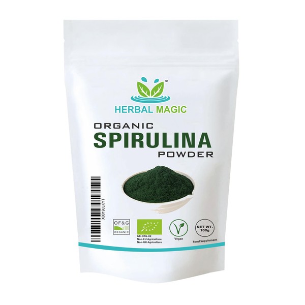 Herbal Magic's Organic Spirulina Powder - Sparkle Your Smoothies, Shakes - Ideal for Trainers on a Vegan, Vegetarian Diet - No Fillers & Preservatives - of&G UK Organic Certified-100g (Pack of 1)