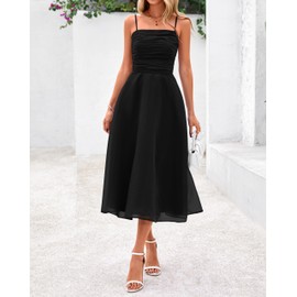 PRETTYGARDEN Womens Summer Dresses 2025 Spaghetti Strap Sleeveless Smocked Flowy Midi Wedding Guest Dress with Pockets(Black,XX-Large)