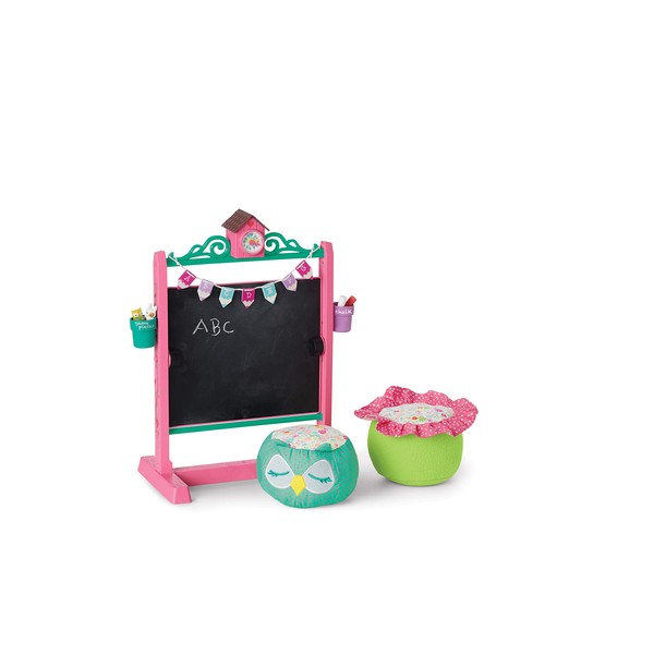 American Girl WellieWishers Ready to Learn Garden School Set for 14.5-inch Dolls with a Convertible Chalkboard to Table, Birdhouse Clock, buckets on the sides, Ages 4+,Pink