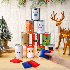 Libima Christmas Can Toss Game 10 Tin Cans in 10 Christmas Funny Face 4 Bean Bag Throwing Carnival Games Family Lawn Games for Adult Birthday Family Party Indoor Outdoor Beach Yard Camping(Classic)