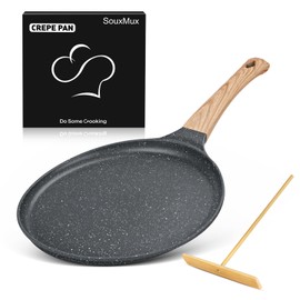 SouxMux Nonstick 8-Inch Crepe Pan with Spreader, Ceramic Coated Dosa Tawa Pan, Induction Compatible Flat Skillet for Pancakes, Omelettes, and More with Cool Handle, PFOA Free