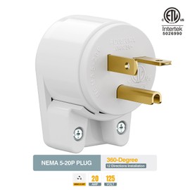 Angle 5-20P Right Angle Nema 5-20P 20A 125V T-Blade DIY Household Plug, Easy Assembly 20Amp 125Volt USA Canada 3-Prong Male Angled,White Color