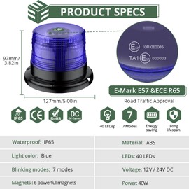 EYPINS 40 LED Rundumleuchte, 40W Auto Warnleuchte, Rundumleuchte Blau, Magnet Warnlicht Blinkleuchte Strobe Beacon Light mit 5 Meters-Kabel für 12V/24V Truck, KFZ, LKW, Traktor | E57 IP65