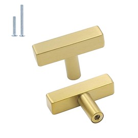 goldenwarm 5Pack Gold Cabinet Pulls Kitchen Hardware Drawer Knobs LS1212GD Brushed Brass Square T Bar Cabinet Knobs Single Hole Cupboard Door Handles Bathroom Furniture Pulls
