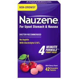 Nauzene Non-drowsy Upset Stomach & Nausea Relief Chewable Tablets - Fast-Acting Relief in 4 Minutes - Doctor Recommended - Wild Cherry Flavor, 42 ct