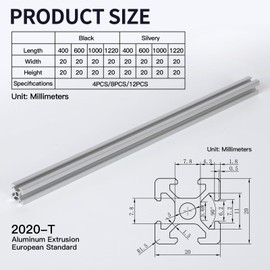4pcs 600mm T Slot 2020 Aluminum Extrusion European Standard Anodized Linear Rail for 3D Printer Parts and CNC DIY Silver