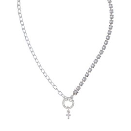 Delight Jewelry Silvertone Super Mini Simple Cross Stronger Braver Smarter Mixed Cable and Imitation Pearl Chain Choker Necklace, 14.75-17"