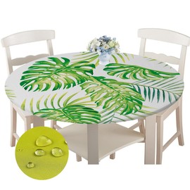 Chickwin Round Tablecloth, Waterproof, Creative 3D Printed Table Protector, Elastic Edge, Polyester Tablecloth for Kitchen, Dining Room, Garden or Camping (Monstera, 90 cm)
