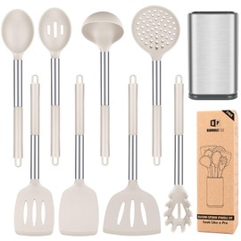 Silicone Cooking Utensil Set, 8Pcs Non-stick Cookwares with Stainless Steel Handle, BPA Free Heat Resistant Kitchen Tools with Spatulas, Turners, Spoons, Skimmer and Pasta Fork (KHAKI)