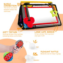 3-in-1 Tummy Time Mirror with Soft Crinkle 3D Activity Book, Teethers, Rattle - High Contrast Black and White Montessori Baby Crawling Toys Developmental Newborn Infant Sensory Toys Gift 0-12 Months